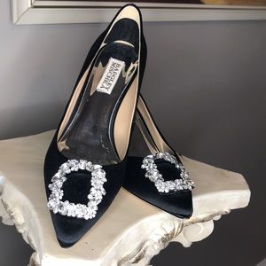 Black satin Badgley Mischka Women's Carrie Crystal-Embellished Kitten Heel Pumps